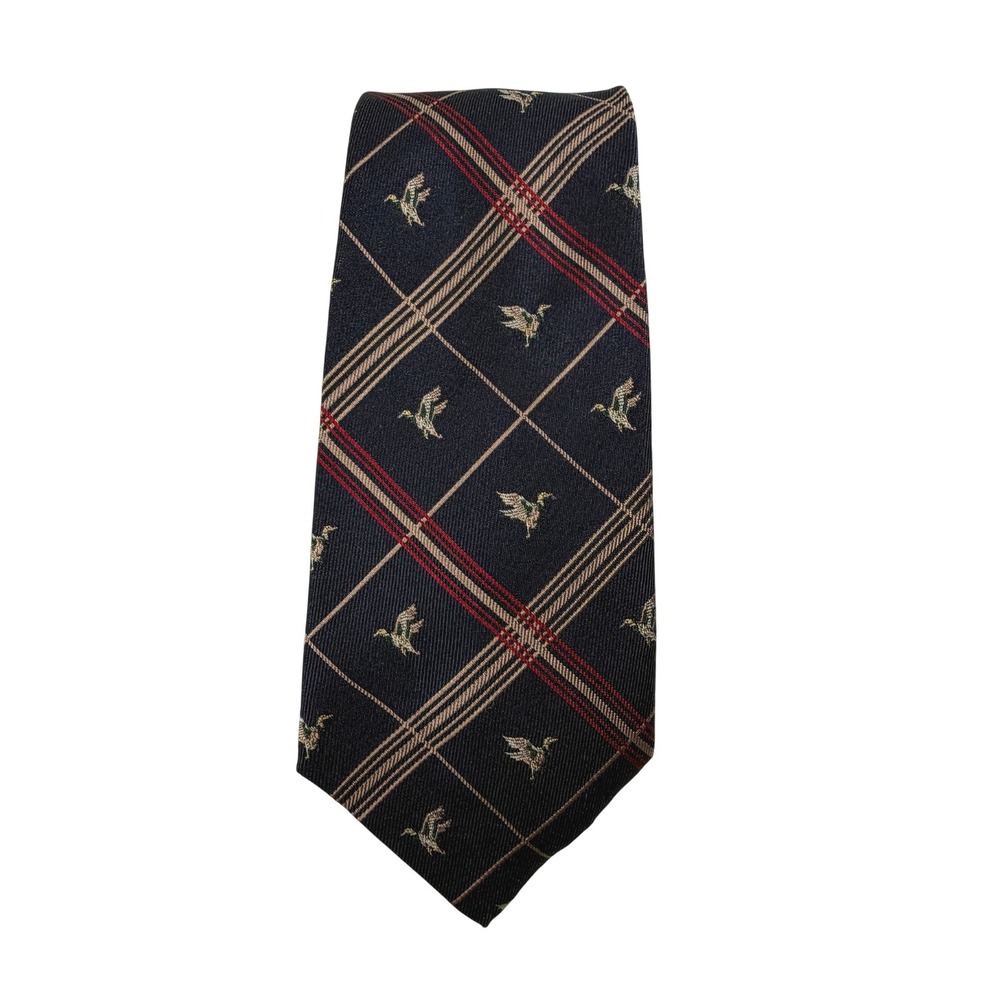 VTG Kenneth Gordon Necktie OS Blue Silk Mallard Duck Plaid Hand Sewn England